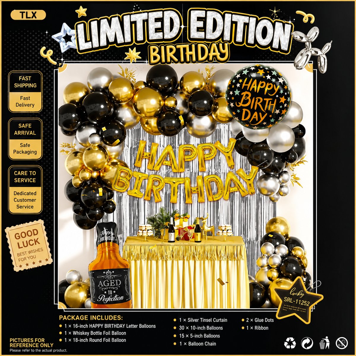 Black Gold Happy Birthday Balloon Garland Kit with Whiskey Bottle & Silver Tinsel Curtain – Luxury Birthday Party Decoration Set