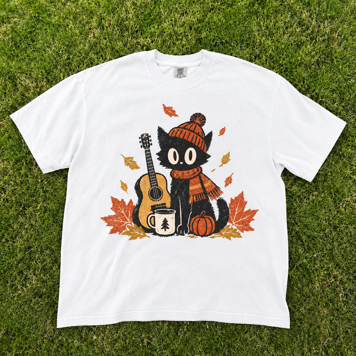 Autumn Black Cat Playing Guitar Pumpkin Fall Vintage T-Shirt CT-0110